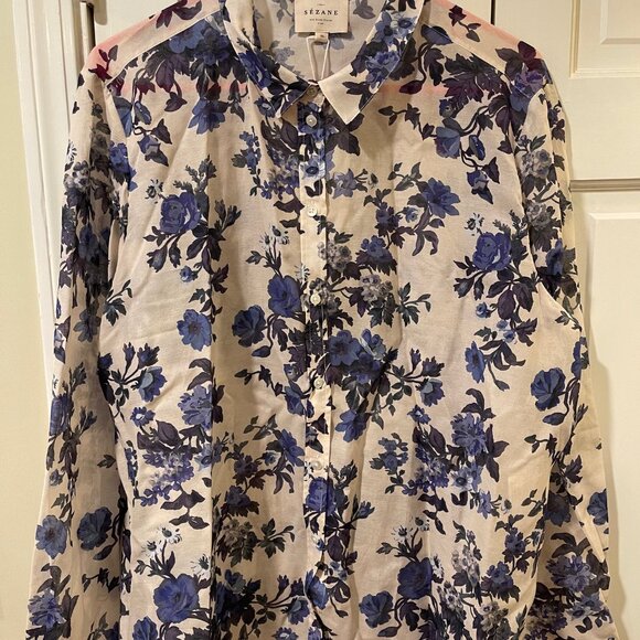 BNWT Sezane Pierro blouse blue flower 46 14 - Picture 2 of 6